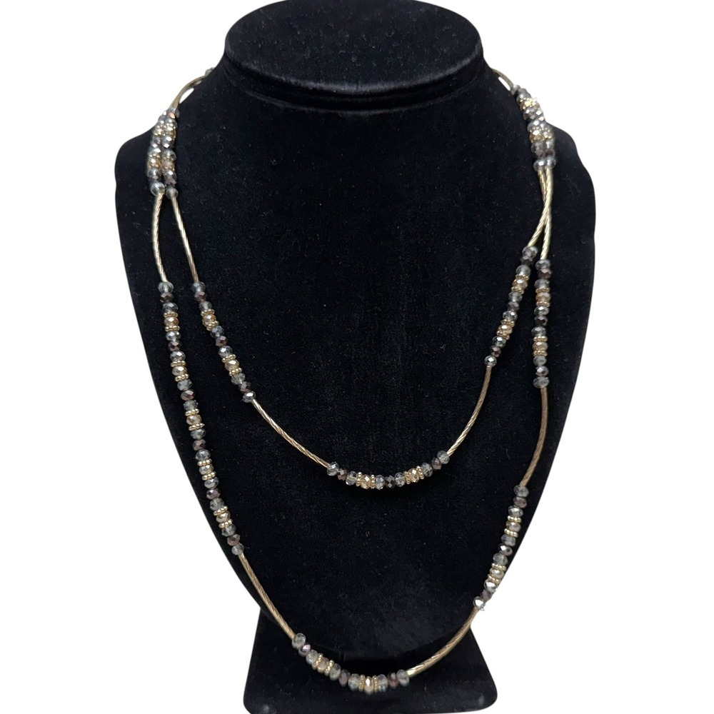 Long Glass Faceted Beaded Necklace Gold Tone Stretch Gray Black Topaz 21 in L